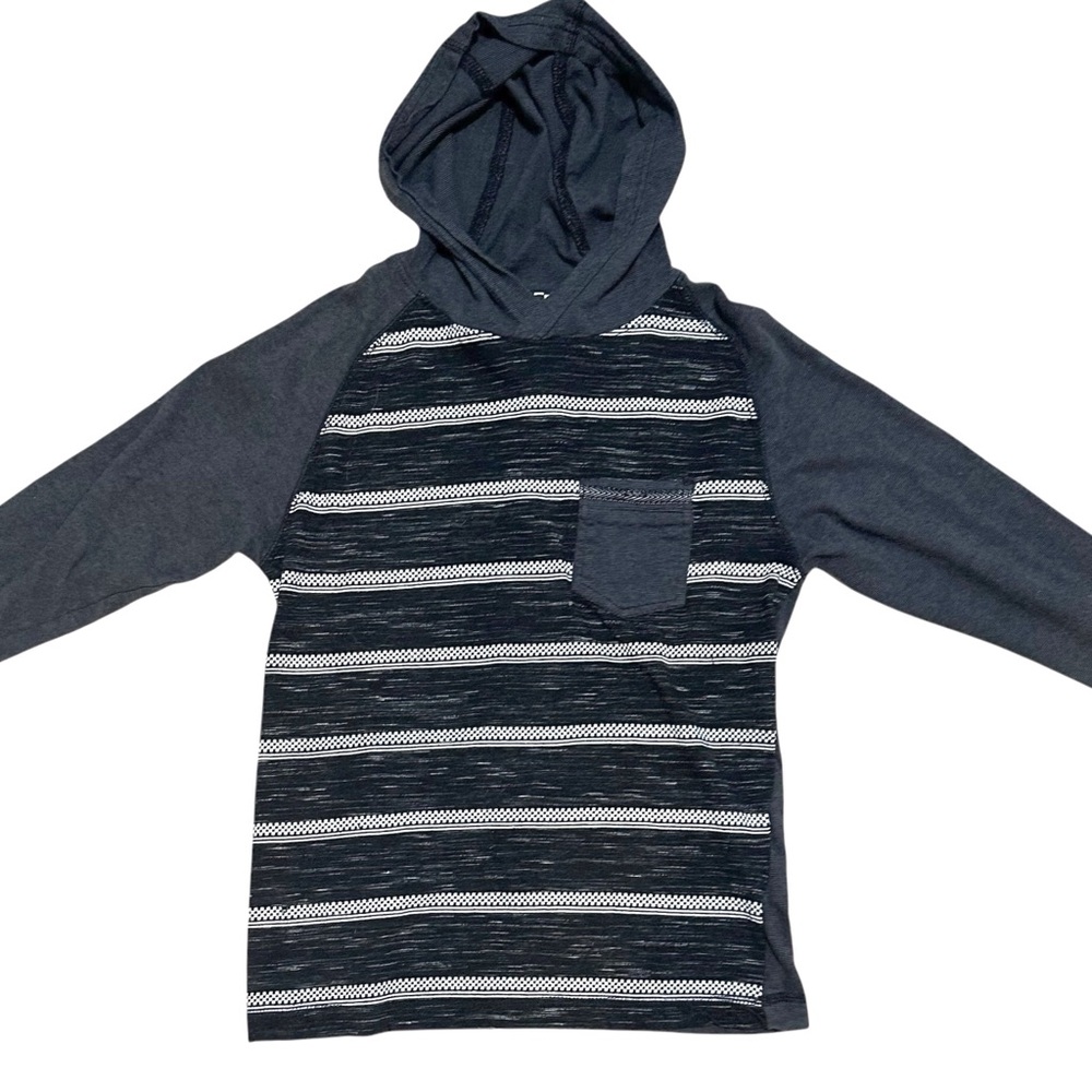 DISTORTION Black & Gray Striped Long Sleeve Hooded Lightweight T-Shirt - Small